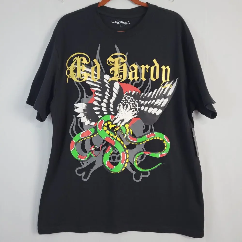 Ed Hardy Short Sleeve Crew Neck Graphic T-Shirt sz L Black Snake Eagle Y2K, New